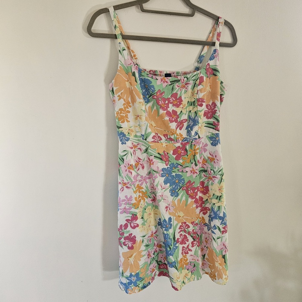 Old Navy White Floral Fit & Flare Linen Blend Midi Dress Size Medium Colorful
